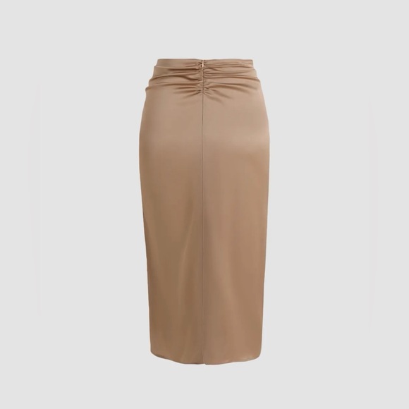 Satin Tie Front Slit Midi Skirt - Khaki - Picture 3 of 8